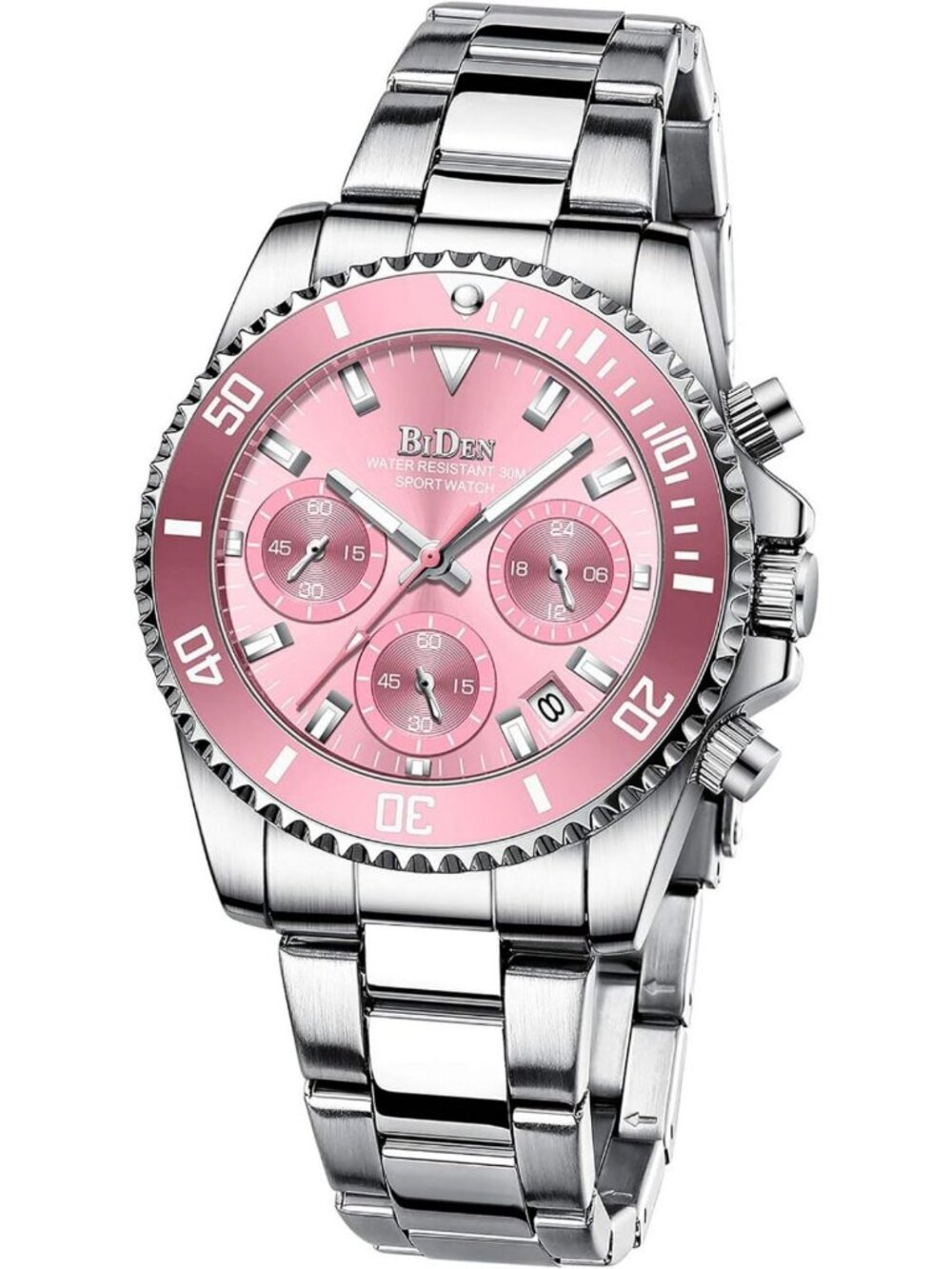 Elegant Women's Chronograph Watch with Rotatable Bezel & Stainless Steel Band
